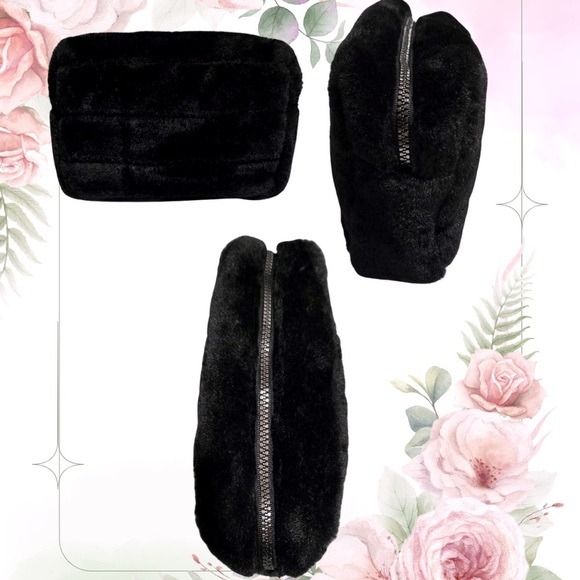 Cynthia Rowley Elegant Black Faux Fur Plush Soft Zip Clutch Cosmetic Bag - Picture 6 of 6